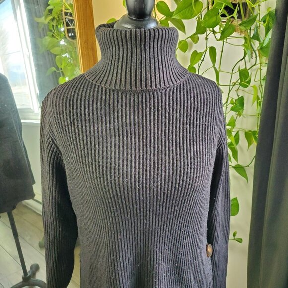 ZARA | Long Sleeve Turtleneck Buttoned Ribbed Black Sweater Dress (Size S) - Picture 3 of 11